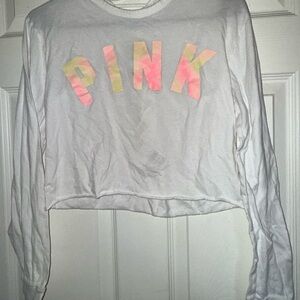 Victoria Secret PINK White Long Sleeve Crop Top with Pink Logo Size XS
